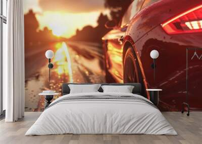 asphalt road at sunset with blur car Wall mural