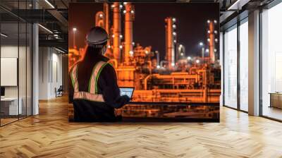 Backside of woman petrochemical engineer working at night with laptop Inside oil and gas refinery plant industry factory at night for inspector safety quality control, Generative AI Wall mural