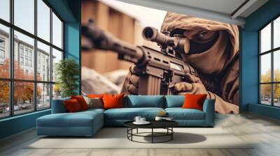 Backside soldier holding a gun, close-up sniper Wall mural