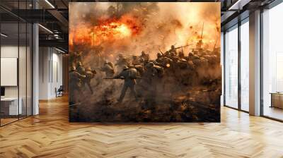 Battle of the military in the war. Military troops in the smoke Wall mural