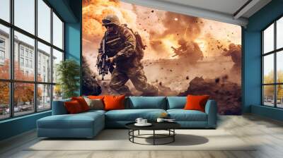 Battle of the military in the war. Military troops in the smoke Wall mural