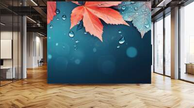 Beautiful autumn background with red-orange autumn leaves on a blue background with raindrops. Wall mural