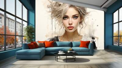 Beautiful young woman model face portrait. Glamour girl makeup fashion illustration. Stylish art sketch. Beauty and style vector drawing. Wall mural