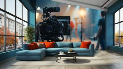 Behind the scenes of video shooting production crew team and professional camera equipment in studio. Wall mural