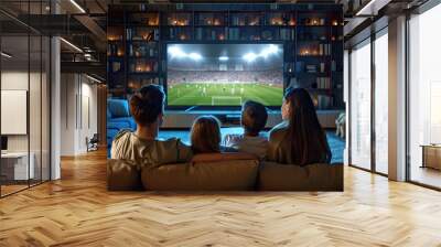 Caucasian family watching tv with football match on screen. Global sport concept, digital composite image. Wall mural