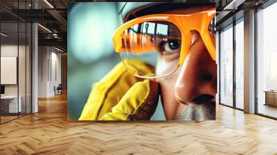 Closeup of Professional Construction Worker Wearing Yellow Hard Hat, Protective Glasses and Gloves. Industrial Safety Equipment Theme, Generative AI Wall mural