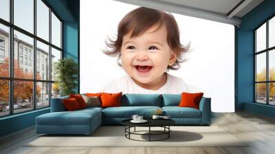 Closeup photo of a cute little baby girl child smile and laugh isolated on white background Wall mural