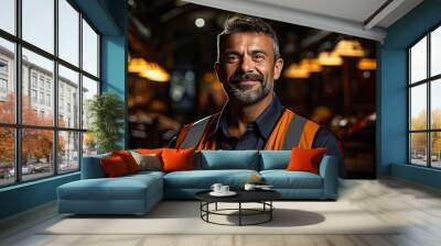 Construction site manager standing with folded arms wearing safety vest and helmet Wall mural