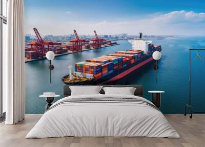 Container ship loading and unloading in sea port, Aerial view of business logistic import and export freight transportation by container ship in harbor Wall mural