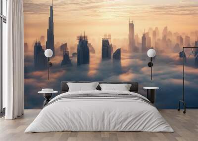 Dubai downtown is covered with dense fog in the winter. Wall mural