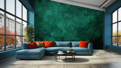 Elegant dark emerald green background with black shadow border and old vintage grunge texture design Wall mural