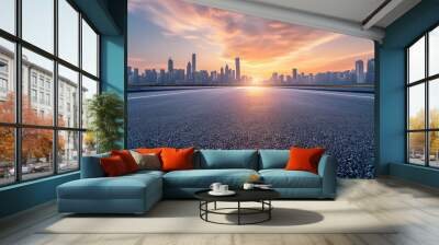 Empty asphalt road and modern city skyline with building scenery at sunset. high angle view. Wall mural