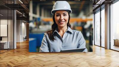 Engineer manager leader woman wearing helmet holding tablet looking at camera at manufacturing factory Wall mural