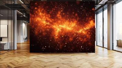 Fire embers particles over black background. Fire sparks background. Abstract dark glitter fire particles lights. Wall mural