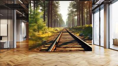 Forest trees along a railroad on an summer afternoon. Train tracks travel concept landscape background, Generative AI Wall mural