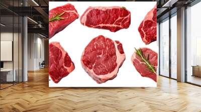 Fresh raw beef steak set isolated on transparent background, top view, PNG Wall mural