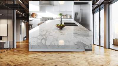 Front view of white granite kitchen countertop island for montage product display on modern Scandinavian kitchen space. Wall mural