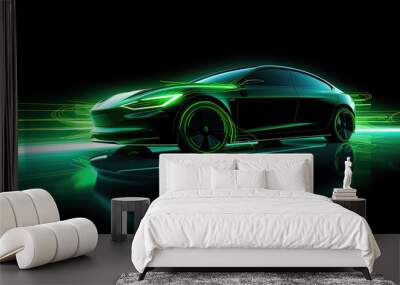 Green neon light motion glowing in the dark electric car on high-speed running concept. Fast EV silhouette. Wall mural