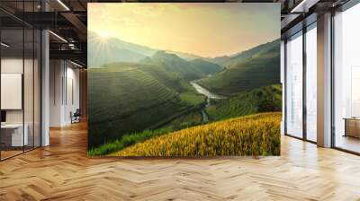 Green Rice fields on terraced in Mu Chang Chai, Vietnam Rice fields prepare the harvest at Northwest Vietnam.Vietnam landscapes. Wall mural