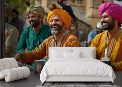 Group of men in traditional Indian kurta and turbans, participating in a local festival Wall mural