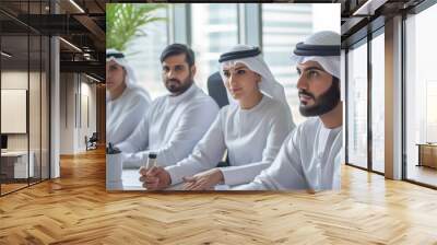 Group of middle-eastern corporate business people wearing traditional emirati clothes meeting in the office in Dubai - Business team working and brainstorming in the UAE Wall mural