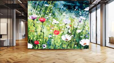 Illustration of a flower meadow in spring, Generative AI Wall mural