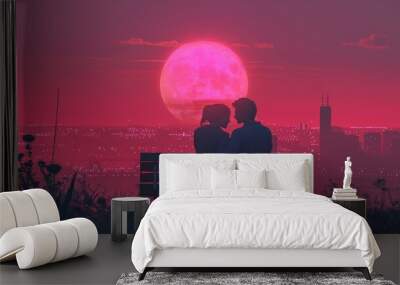 Image of a couple on a city bench watching sunset flat design top view urban romance theme 3D render Monochromatic Color Scheme Wall mural