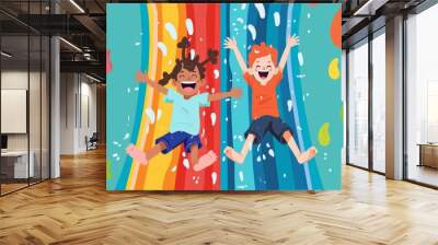 Image of a water park slide with children laughing flat design top view summer fun theme cartoon drawing Triadic Color Scheme Wall mural