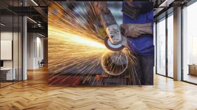 Industrial worker cutting metal with many sharp sparks Wall mural