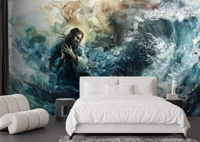 Jesus calming the storm on the sea, depicted with swirling watercolors that capture the chaos and miracle Wall mural