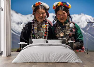 Ladakhi tribal women wearing traditional dress pose Wall mural