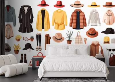 Men and women fashion clothing accessories, hats, footwear. Summer or winter outfits, fashionable casual clothes, shoes, and bags set. Wardrobe for male and female characters Wall mural