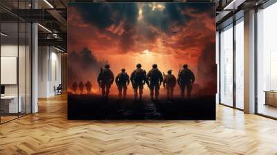 Military silhouettes on sunset sky background Wall mural