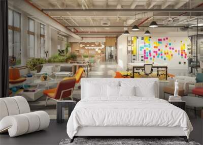 modern, open-plan office space designed for collaboration, featuring modular furniture, whiteboards filled with colorful notes, and a casual seating area where young professionals brainstorm ideas. Wall mural