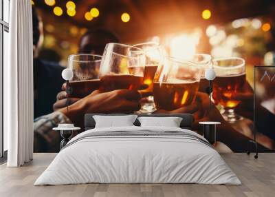 Multiracial group of friends enjoying a beer - Young people hands toasting and cheering aperitif beers half pint - Friendship and youth concept - Warm vintage raw filter - Focus on bottom hand Wall mural