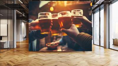 Multiracial group of friends enjoying a beer - Young people hands toasting and cheering aperitif beers half pint - Friendship and youth concept - Warm vintage raw filter - Focus on bottom hand Wall mural