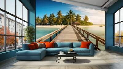 Nature panoramic landscape: Amazing Panorama sandy tropical beach with silhouette coconut palm tree in crystal clear sea and scenery wooden bridge out of the horizon Wall mural