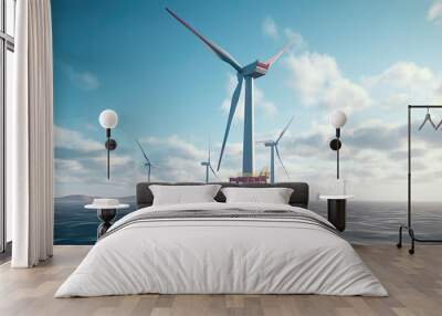 Offshore Wind Turbine in a Windfarm under construction off the England Coast at blue sky Wall mural