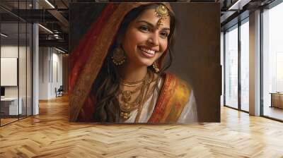 Photograph of Portrait of a happy Indian bride Wall mural