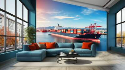 Rear view cargo container ship. Business logistic transportation sea freight, Cargo ship, Cargo container in deep sea port at industrial estate for import export around in the world Wall mural