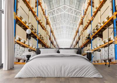 Rows of shelves with boxes in modern warehouse Wall mural