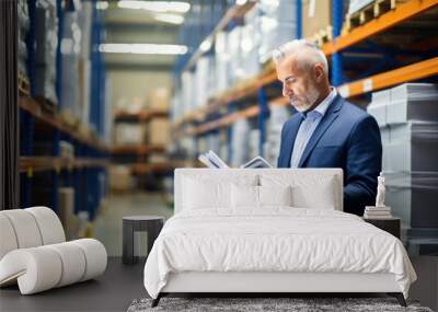 Senior warehousing professional reading a file with inventory records in a fulfillment center Wall mural