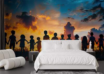 Silhouette back refugee kid group.Responsible.Kid child boy and girl worship.World kids day, Pray and worship, Hope, freedom, Diverse, Faith.World refugee day.Juneteenth kid.Friends.Potential unlock. Wall mural