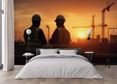 Silhouette of Engineer and worker checking project at building site background, construction site at sunset in evening time. Wall mural