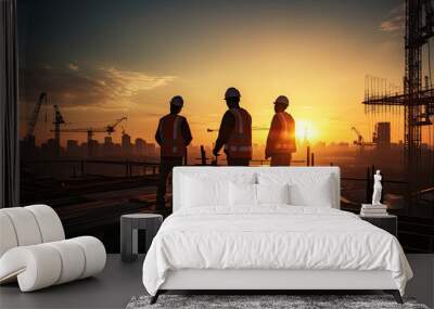 Silhouette of Engineer and worker on building site, construction site at sunset in evening time. Wall mural