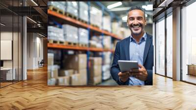 Smiling salesman in a hardware warehouse standing checking supplies on his tablet. Wall mural