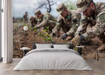 Soldiers planting trees to restore the environment, their faces filled with determination Wall mural