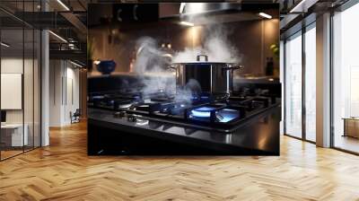 Steaming and boiling pan of water on modern heating stove in kitchen on the background of open balcony. Boiling with steam emitted from stainless cooking pot, Generative AI Wall mural