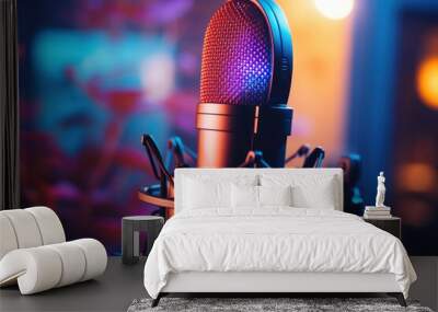 Studio microphone in neon lights. sound recording equipment on bokeh background Wall mural