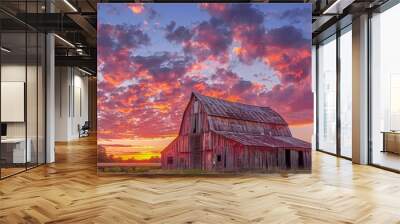 Sunset clouds over a rural barn, creating a nostalgic scene Wall mural